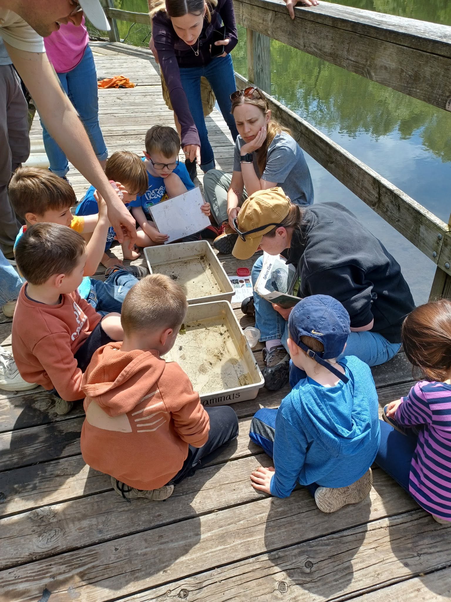 Elementary-age Main Street School students investigating materials together outdoors
