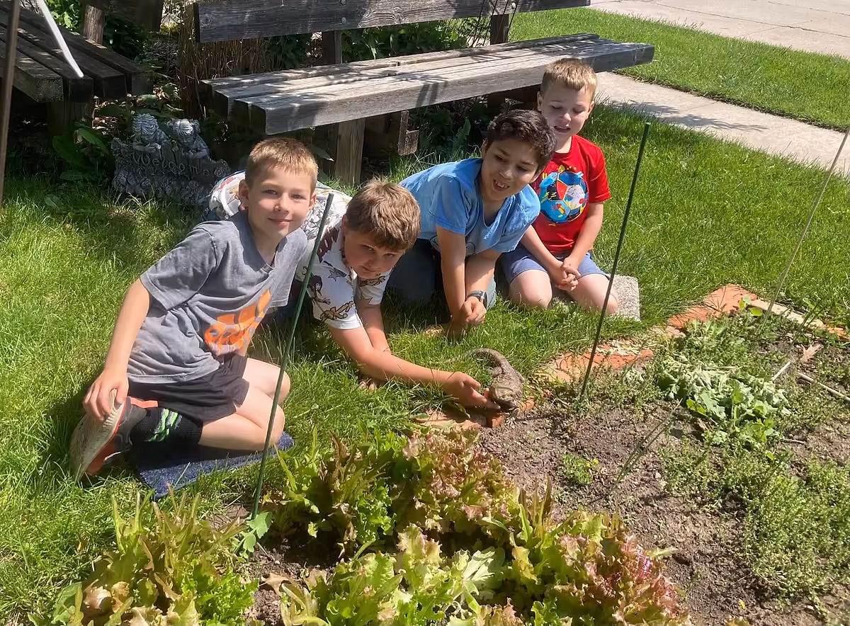 Elementary students gathered beside a bearded dragon in the school garden