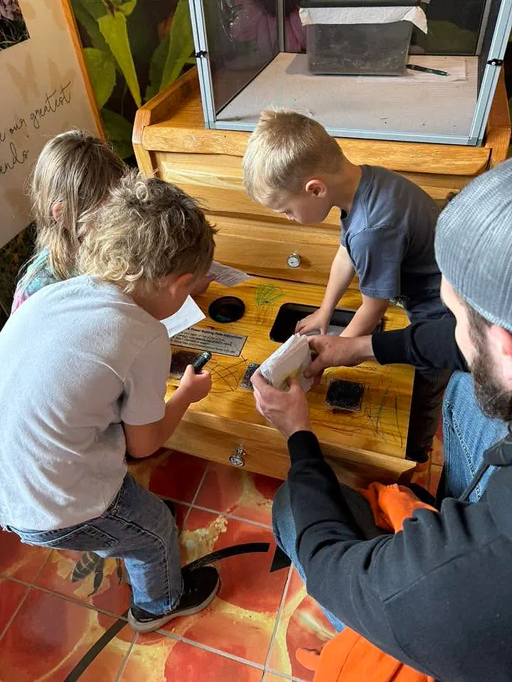 Main Street School students and an adult examining materials at an indoor observation table
